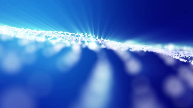 white luminous particles move slowly on a blue background. Abstract animated background. 3d render