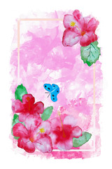 Watercolor painting of red hibiscus flowers on pink background with frame, summer watercolor painting for background