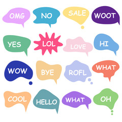 Bubble talk phrases. Online chat clouds with different words comments information shapes vector