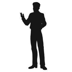 black silhouette of a slender man who says something and shows