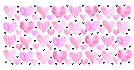 Backgrounds, textures, frames, seamless patterns of watercolor hearts. Hand drawn. Love romance theme for birthday, Valentine's day, greeting card, wedding, wrapping paper