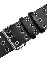 Cropped detail shot of a showy wide black leather belt decorated with a large metal buckle and...