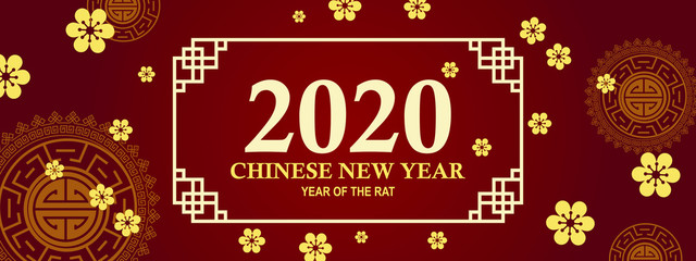 Chinese new year 2020 celebration template, flowers and asian elements. Red and gold design. Lunar New Year. Vector illustration.