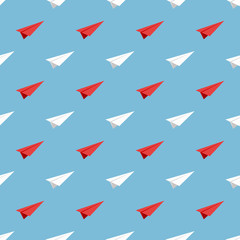 red and white paper planes seamless pattern. Repeating abstract background. Vector seamless wallpaper with blue sky background.