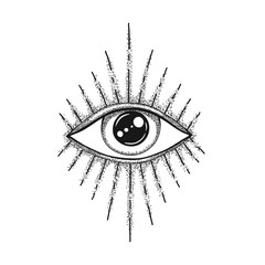 The Eye of Providence. Masonic symbol. All seeing eye in with divergent rays. Black tattoo.
