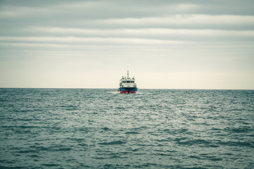 Jeju Island, Korea, January. 6, 2020:  Fishing boat is out fishing.