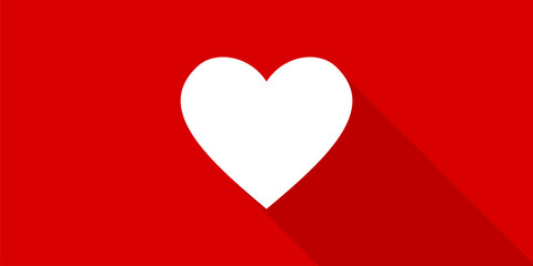 Vector heart in flat design with shadow on red background. Valentine love red background. Valentine gift. Abstract heart flat shadow for decorative design.