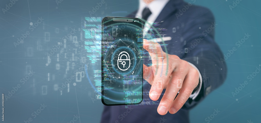 Poster businessman holding security data and smartphone security - 3d rendering