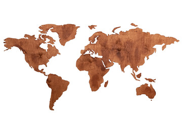 World map of earth showing continents on a wood tree ring textured background on white © spritnyuk