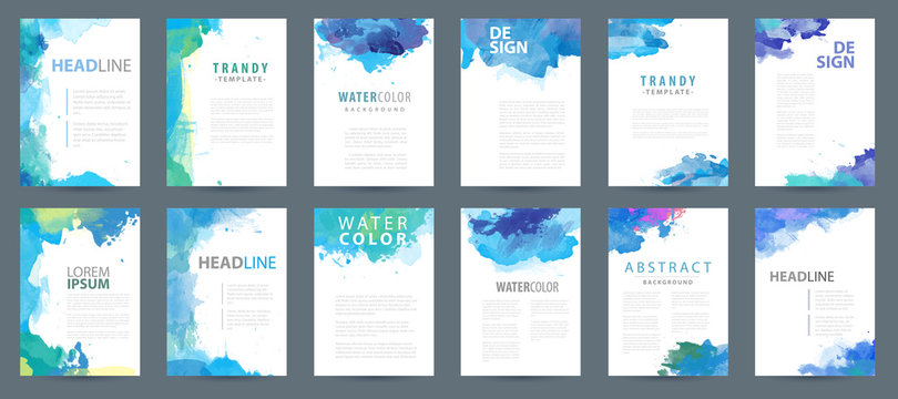 Big set of bright vector blue watercolor background templates for poster, brochure or flyer