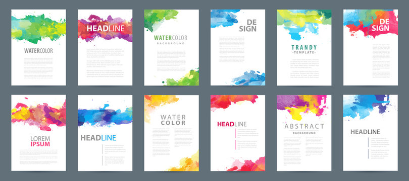 Big set of A4 bright vector colorful watercolor background templates for poster, brochure or flyer