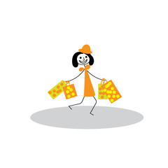 Summer sale Happy stick man girl with bags in hand in hat Shopping