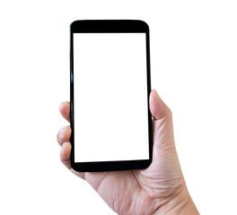  Isolated hand holding smartphone with white screen on white background.