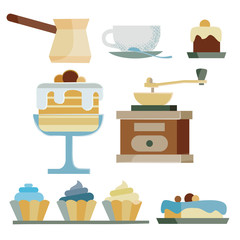 set of items and food for a stylish cafe consists of nine items, made in brown tones,