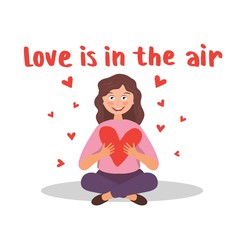Love is in the air. Romantic phrase with cute character. Vector sitting girl with heart. Happy Valentine's day