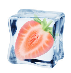 strawberry in ice cube, isolated on white background, clipping path, full depth of field