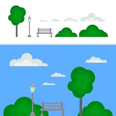 Simple vector set with elements for forming a street environment. Tree, bushes, clouds, bench and street lamp isolated on white and blue background. Set for website design, cards, flyers