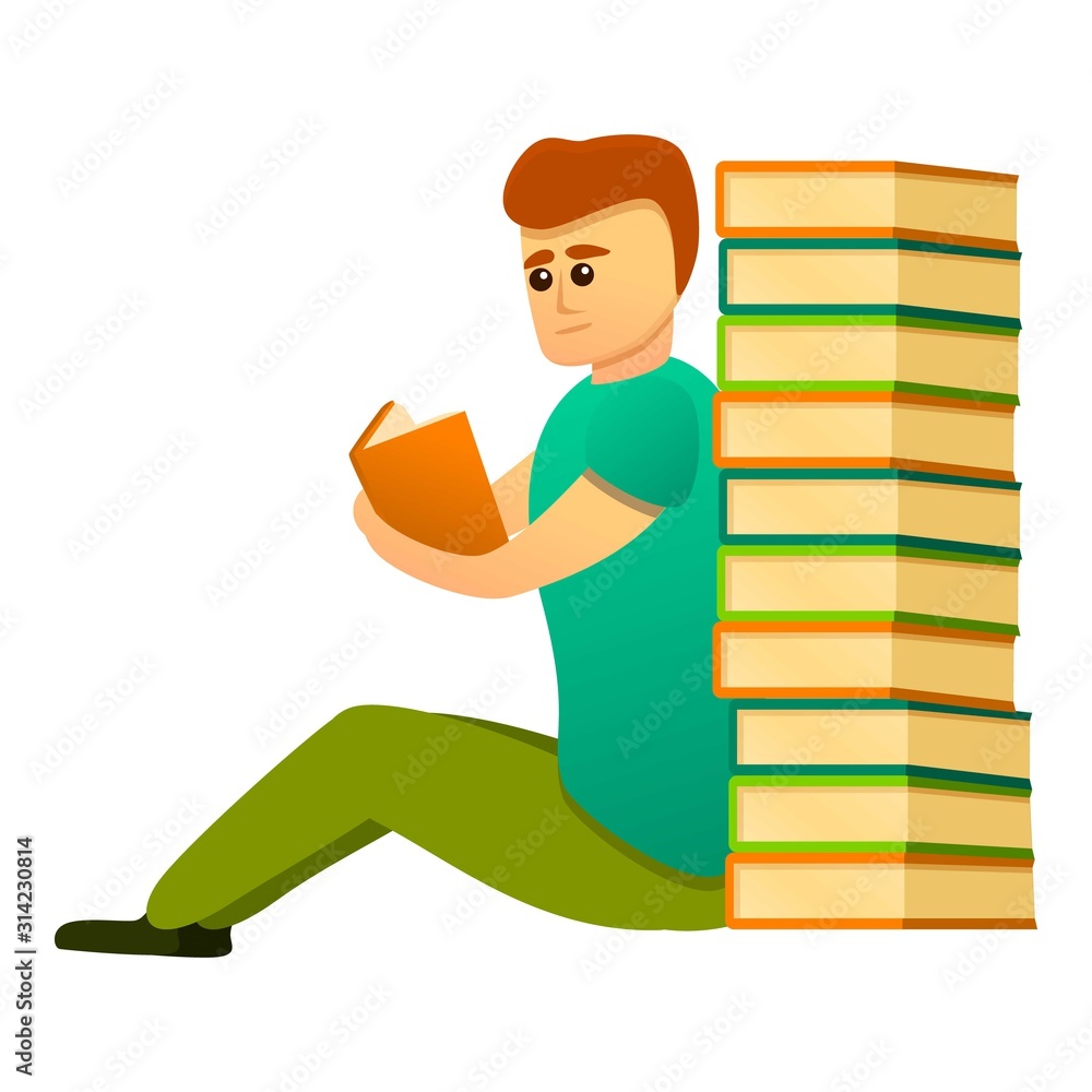 Poster student near book stack icon. cartoon of student near book stack vector icon for web design isolated