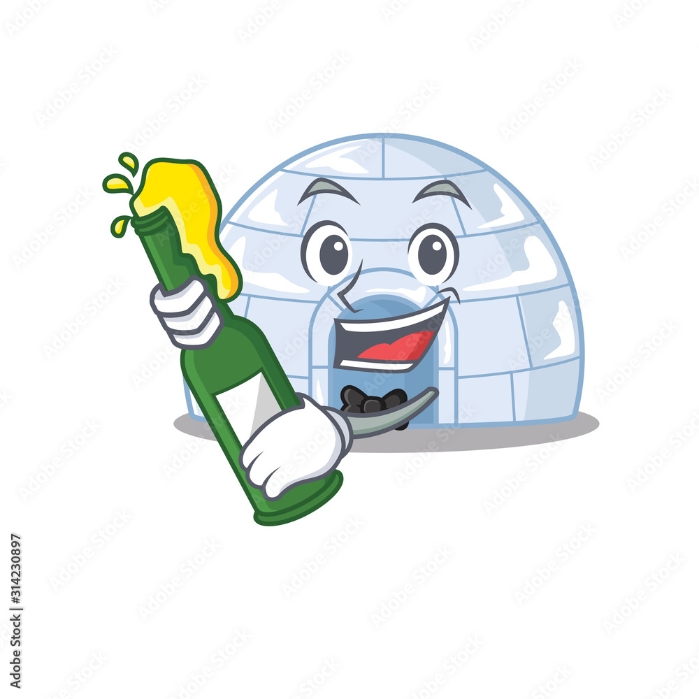 Poster mascot cartoon design of igloo with bottle of beer