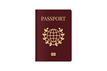 Passport with world map globe on brown cover. Biometric citizenship identification document for travel template. Vector illustration