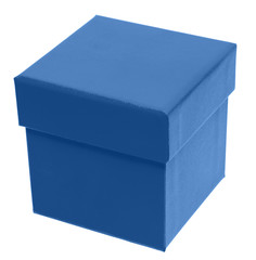 Сlassic blue cardboard gift box. packaging for shopping and gifts. Blue box isolated. Tilted view.