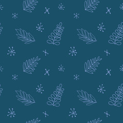 Seamless pattern on a blue background. Ink hand-drawn pine branches. For the design of gifts, backgrounds, wrappers, cards