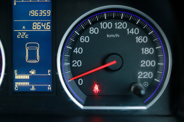 car speed meter dashboard and cockpit, close up.
