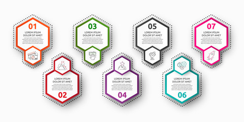Vector infographic with 7 hexagons. Used for seven diagrams, graph, flowchart, timeline, marketing, presentation. Creative business concept step by step
