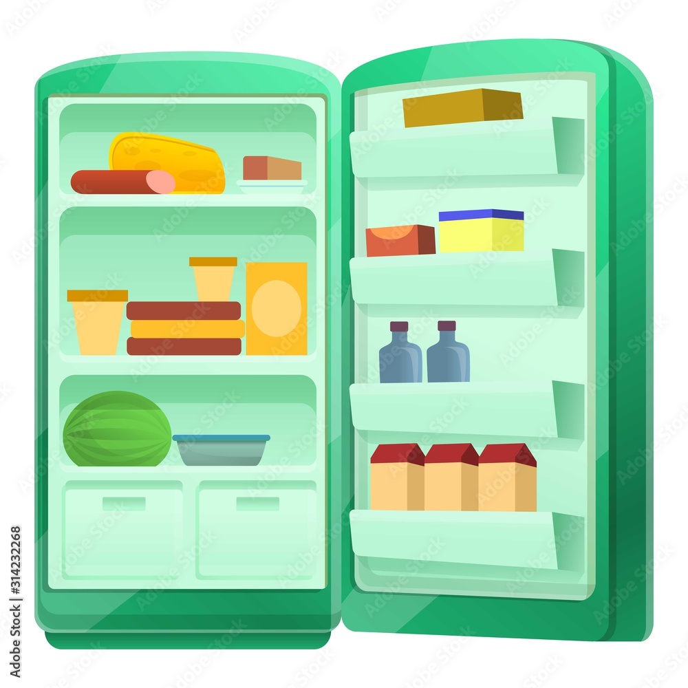 Poster open fridge with food icon. cartoon of open fridge with food vector icon for web design isolated on 