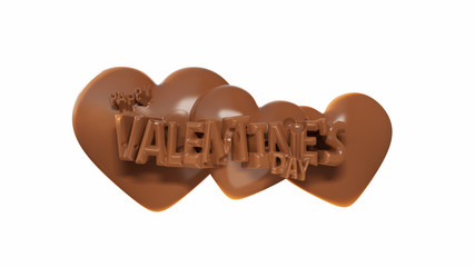 Happy Valentine's Day lettering with three hearts behind made of sweet chocolate. 3d illustration isolated on white