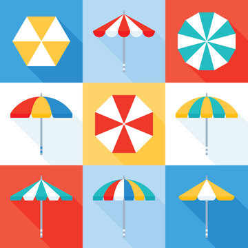 Beach umbrella vector icon set, flat style