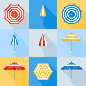 Beach Umbrella Vector Icon Set, Flat Style