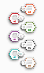 Vector infographic with 7 hexagons. Used for seven diagrams, graph, flowchart, timeline, marketing, presentation. Creative business concept step by step