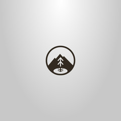 black and white simple vector sign of a mountain and fir tree by the lake in a round frame
