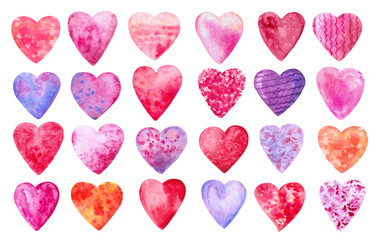 Set of hand painted watercolor hearts. Abstract isolated objects.