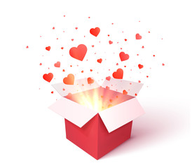 Gift box with heart shape confetti burst explosion