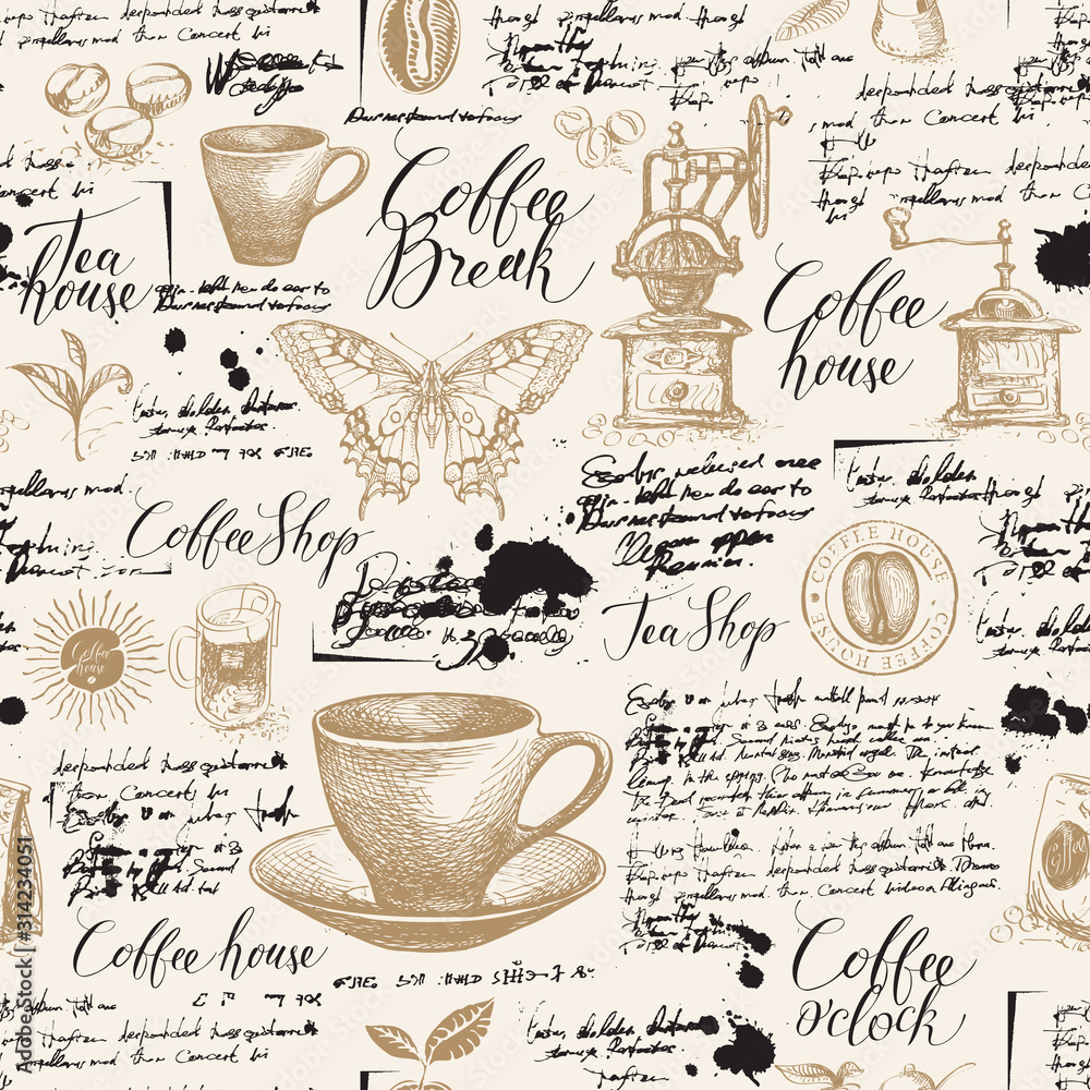 Poster vector seamless pattern on tea and coffee theme with sketches, blots and unreadable inscriptions in 