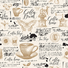 Vector naadloos patroon op thee en koffie thema met schetsen, vlekken en onleesbare inscripties in retro stijl. Geschikt voor behang, inpakpapier, achtergrond, stof of textiel