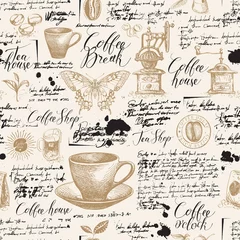 Behang Koffie Vector naadloos patroon op thee en koffie thema met schetsen, vlekken en onleesbare inscripties in retro stijl. Geschikt voor behang, inpakpapier, achtergrond, stof of textiel