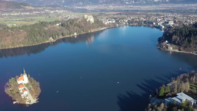 Bled lake aerial view panorama in winter season