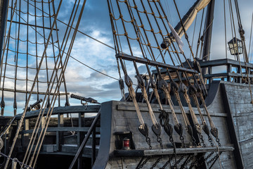 Rigging of an old pirate ship in the port of Torrevieja, Alicante, Spain 2019