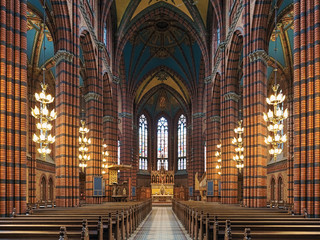 Interior of St. John's Church in Stockholm, Sweden. The brick church in the Neo-Gothic style was...