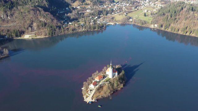 Bled lake aerial view panorama in winter season
