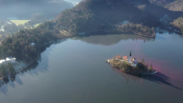 Bled lake aerial view panorama in winter season