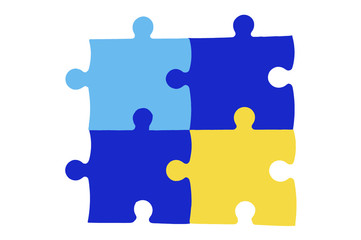 Puzzle mit vier passenden Puzzleteilen, abstrakt, synonym für Teamlarbeit.