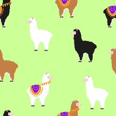 Lama , alpaca animals cute vector cartoon seamless pattern on green background. Concept for print, cards, wallpapers, wrapping paper 