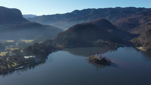 Bled lake aerial view panorama in winter season