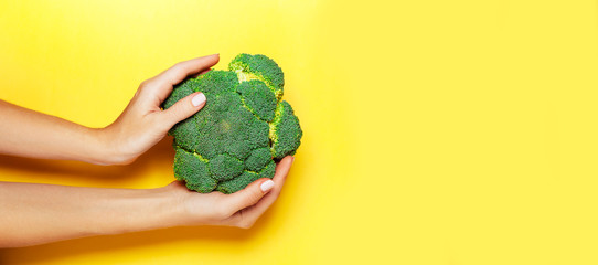 Female hand holding broccoli on yelow background. Minimal vegan concept. Healthy eating.
