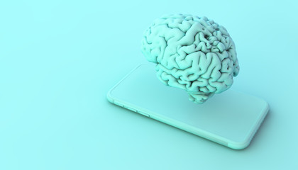 phone and brain on blue 3d rendering concept