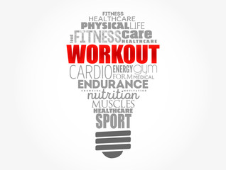 WORKOUT light bulb word cloud collage, fitness, sport concept background